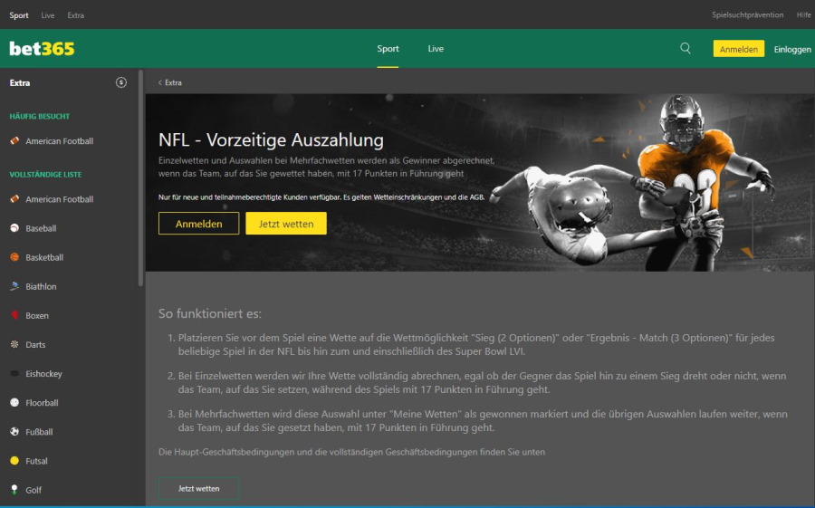 Bet365: Top-Quoten und vorzeitige Gewinn-Auszahlung zum NFL Saisonfinale